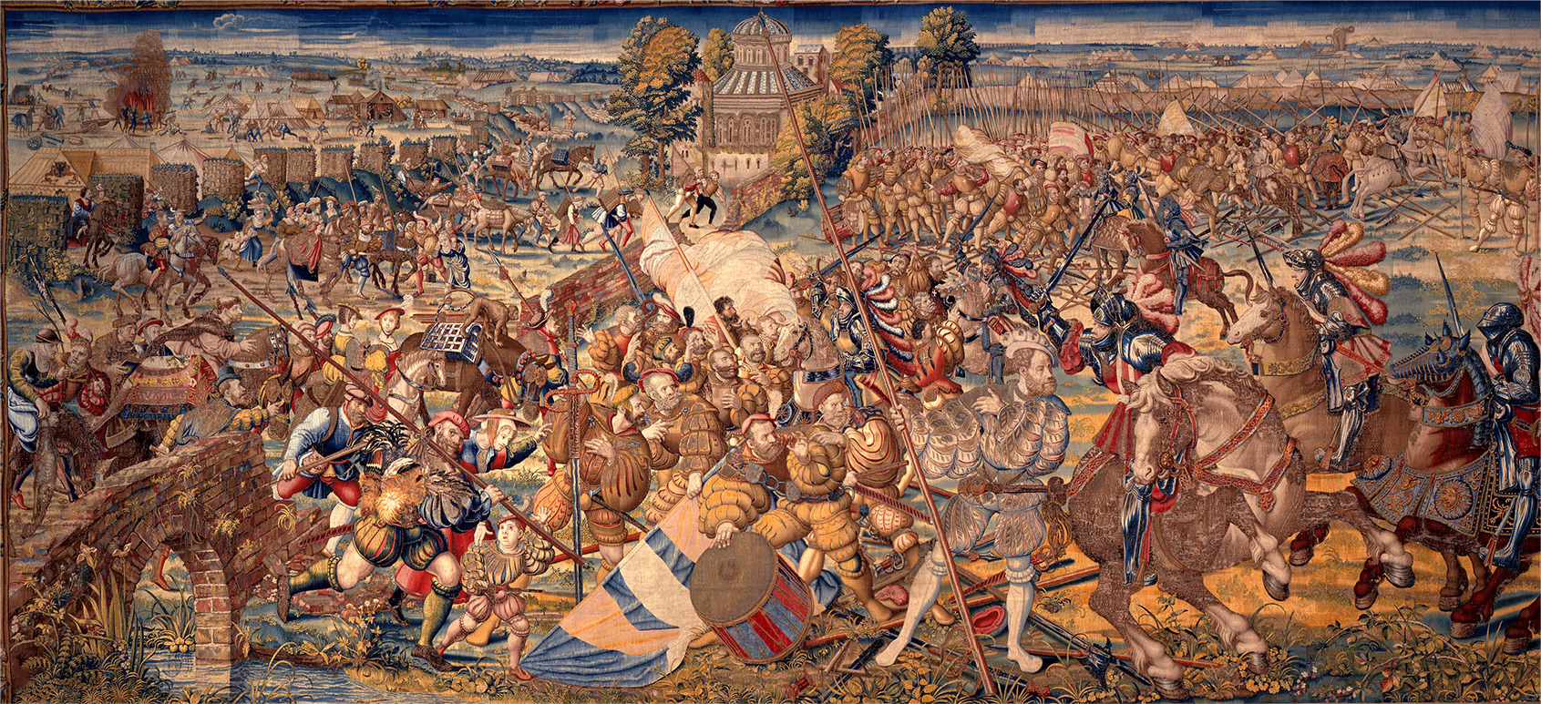 A tapestry depicting the retreat of pikemen during a battle