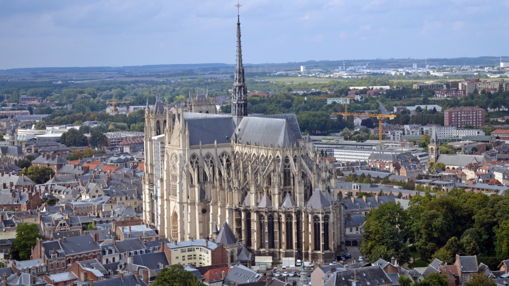 View of exterior of Amiens Cathedral in Amiens, France. 